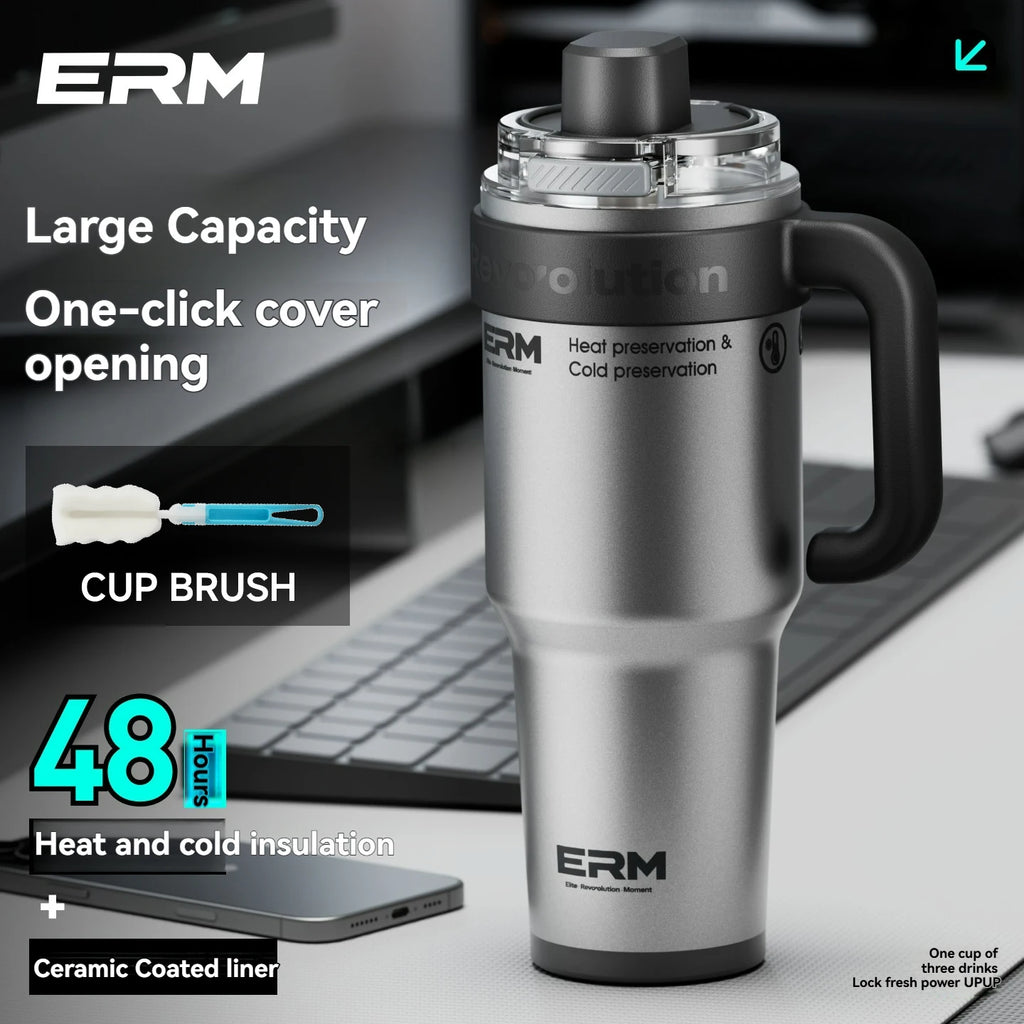 1200ML Extra Large Tumbler Ceramic Drinkware Stainless Steel Water Bottle Insulated Vacuum Flask Straw & Handle Leakproof Mug