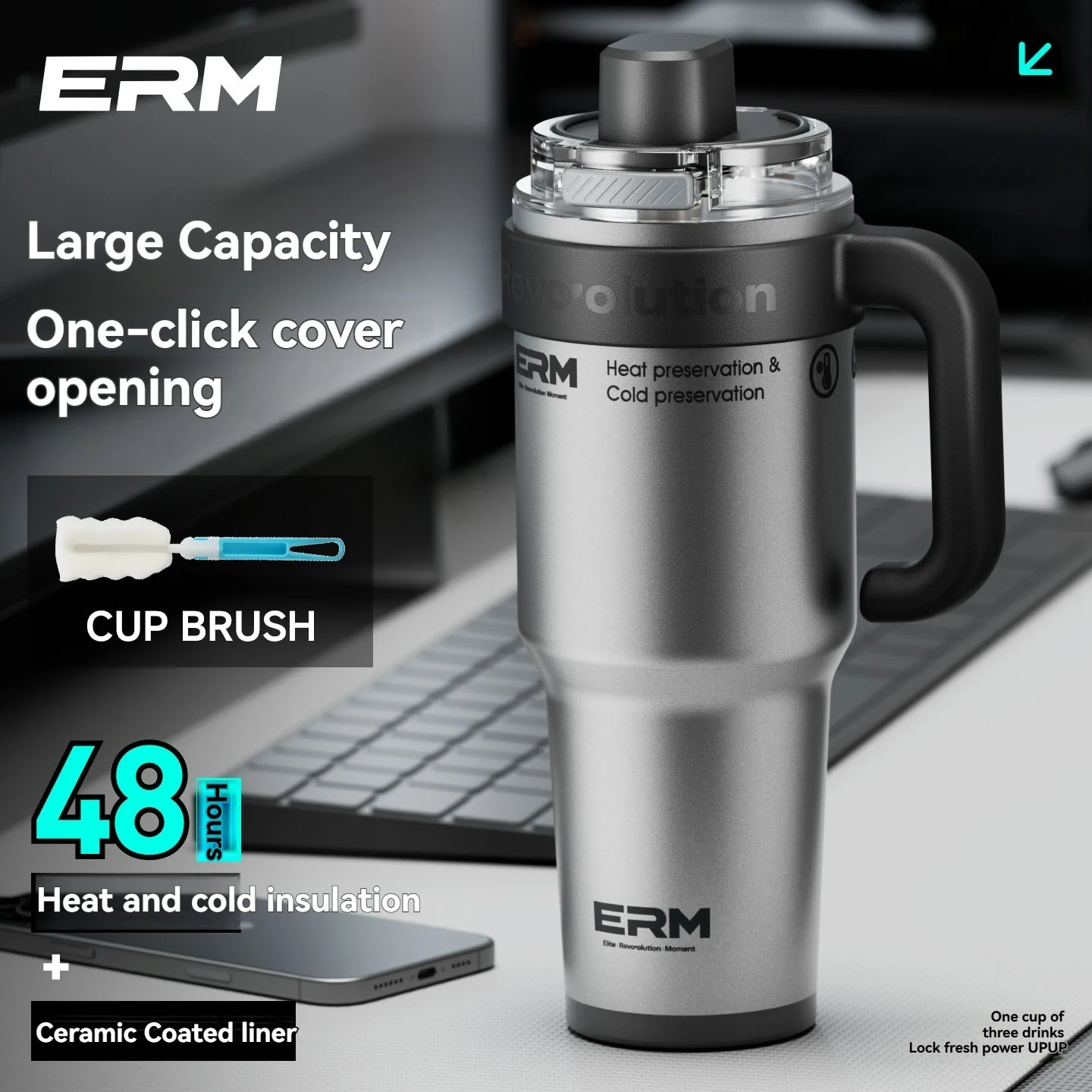 1200ML Extra Large Tumbler Ceramic Drinkware Stainless Steel Water Bottle Insulated Vacuum Flask Straw & Handle Leakproof Mug