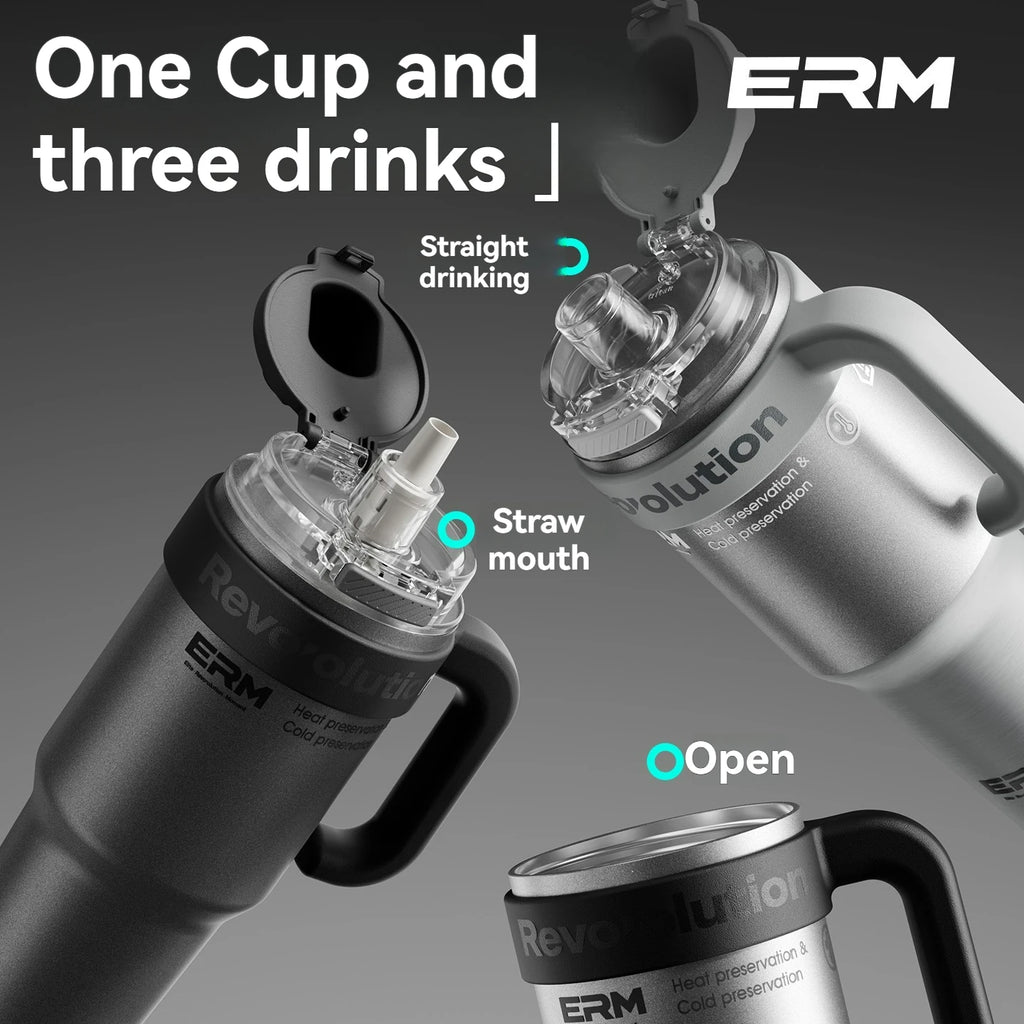 1200ML Extra Large Tumbler Ceramic Drinkware Stainless Steel Water Bottle Insulated Vacuum Flask Straw & Handle Leakproof Mug